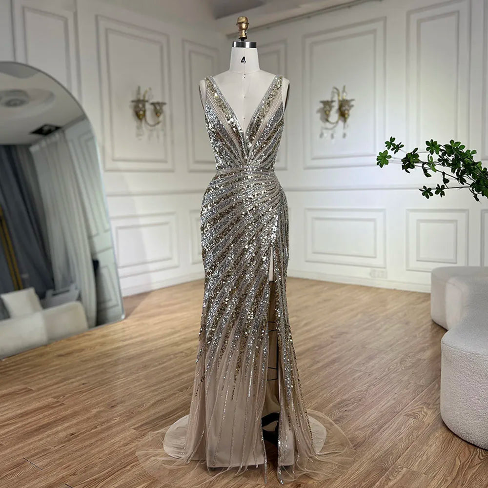 Vestido de noche de lujo con tirantes finos, abertura lateral y cuentas, estilo sirena dorada, para mujer, ideal para bodas y fiestas (LA72613) 