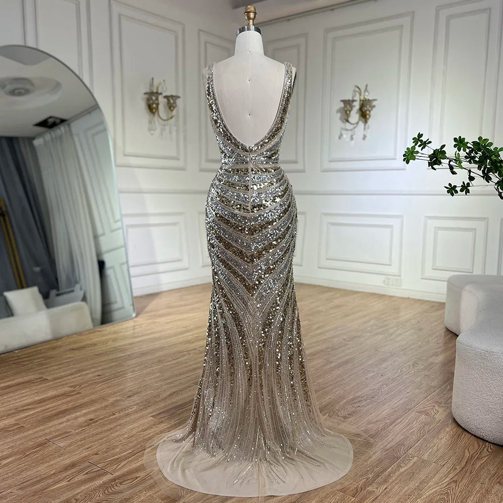 Vestido de noche de lujo con tirantes finos, abertura lateral y cuentas, estilo sirena dorada, para mujer, ideal para bodas y fiestas (LA72613) 