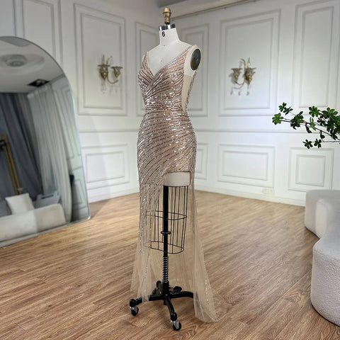 2025 Gold Mermaid Spaghetti Strap Side Split Beaded Luxury Evening Dresses Gowns for Women Wedding Party LA72614