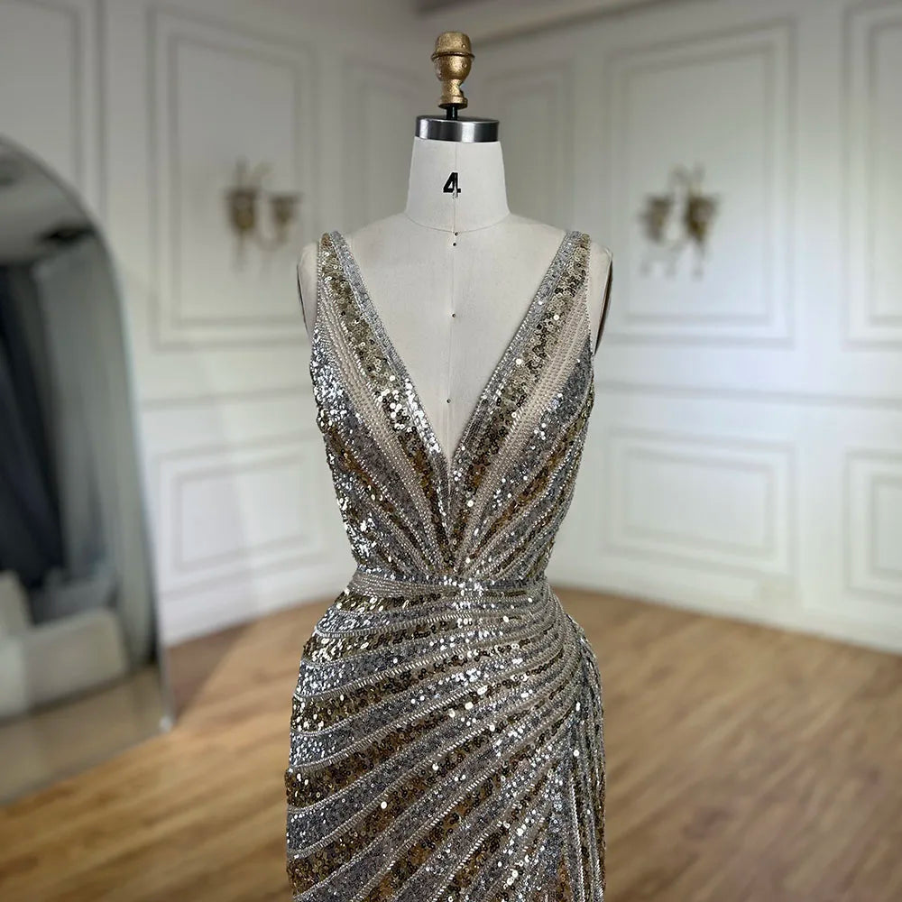 Vestido de noche de lujo con tirantes finos, abertura lateral y cuentas, estilo sirena dorada, para mujer, ideal para bodas y fiestas (LA72613) 