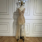 Vestido de noche de lujo con tirantes finos, abertura lateral y cuentas, estilo sirena dorada, para mujer, ideal para bodas y fiestas (LA72614) 