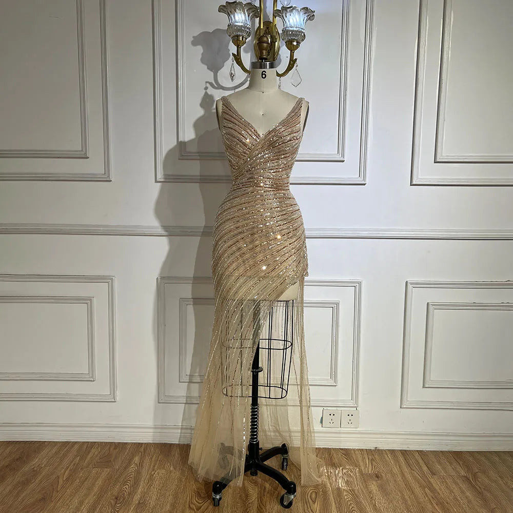 Vestido de noche de lujo con tirantes finos, abertura lateral y cuentas, estilo sirena dorada, para mujer, ideal para bodas y fiestas (LA72614) 