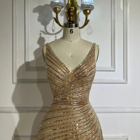 2025 Gold Mermaid Spaghetti Strap Side Split Beaded Luxury Evening Dresses Gowns for Women Wedding Party LA72614