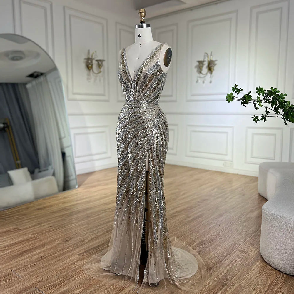 Vestido de noche de lujo con tirantes finos, abertura lateral y cuentas, estilo sirena dorada, para mujer, ideal para bodas y fiestas (LA72613) 