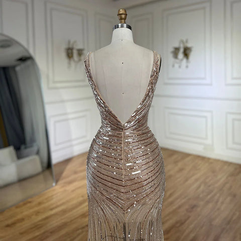 2025 Gold Mermaid Spaghetti Strap Side Split Beaded Luxury Evening Dresses Gowns for Women Wedding Party LA72614