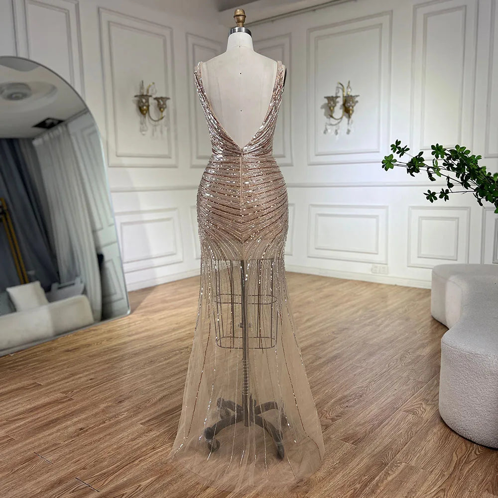 Vestido de noche de lujo con tirantes finos, abertura lateral y cuentas, estilo sirena dorada, para mujer, ideal para bodas y fiestas (LA72614) 