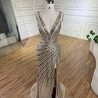 Vestido de noche de lujo con tirantes finos, abertura lateral y cuentas, estilo sirena dorada, para mujer, ideal para bodas y fiestas (LA72613) 