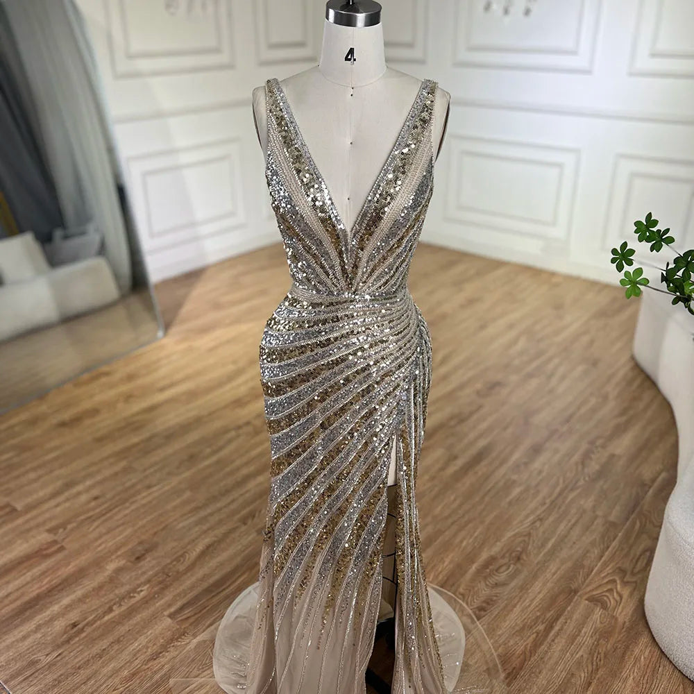 Vestido de noche de lujo con tirantes finos, abertura lateral y cuentas, estilo sirena dorada, para mujer, ideal para bodas y fiestas (LA72613) 