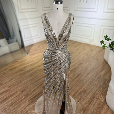 2025 Gold Mermaid Spaghetti Strap Side Split Beaded Luxury Evening Dresses Gowns for Women Wedding Party LA72613