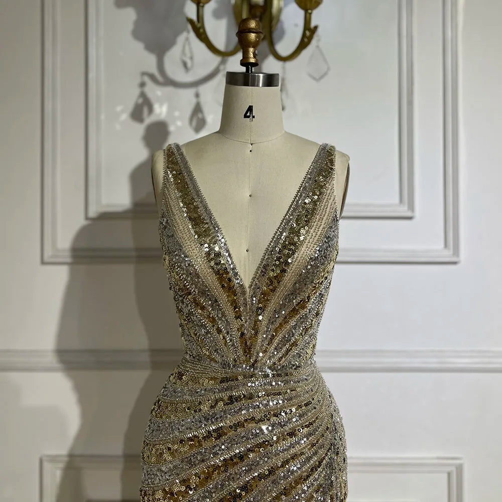 Vestido de noche de lujo con tirantes finos, abertura lateral y cuentas, estilo sirena dorada, para mujer, ideal para bodas y fiestas (LA72613) 