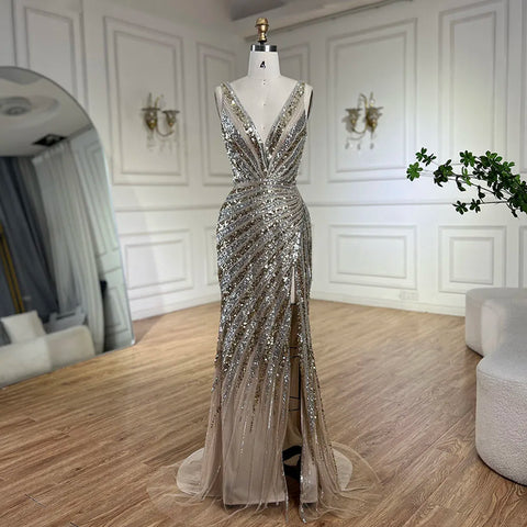 2025 Gold Mermaid Spaghetti Strap Side Split Beaded Luxury Evening Dresses Gowns for Women Wedding Party LA72613