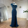 Vestido de noche de sirena elegante, gris, con plumas, cuentas y abertura alta, estilo halter, para mujer, modelo LA72452 