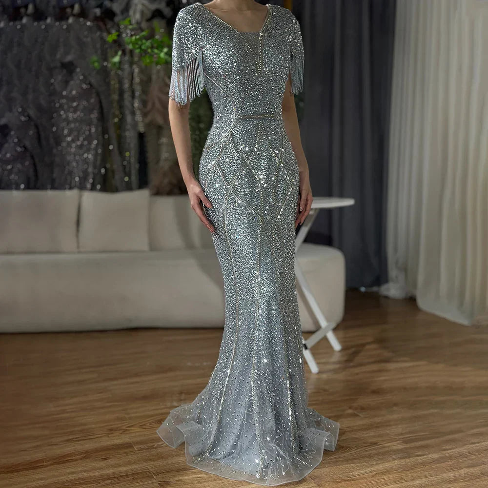 Vestido de noche gris saudí con borlas de cuentas para ocasiones formales LA72743 (modelo 2025) 