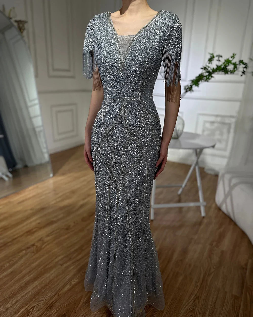 Vestido de noche gris saudí con borlas de cuentas para ocasiones formales LA72743 (modelo 2025) 
