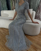 Vestido de noche gris saudí con borlas de cuentas para ocasiones formales LA72743 (modelo 2025) 