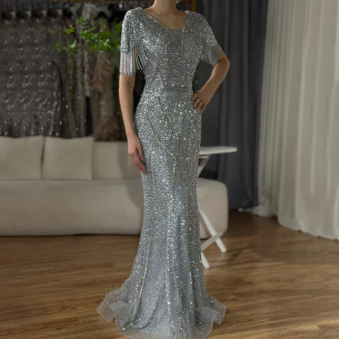2025 Gray Saudi Arabic Evening Gown with Beaded Tassel Dress for Formal Occasion LA72743
