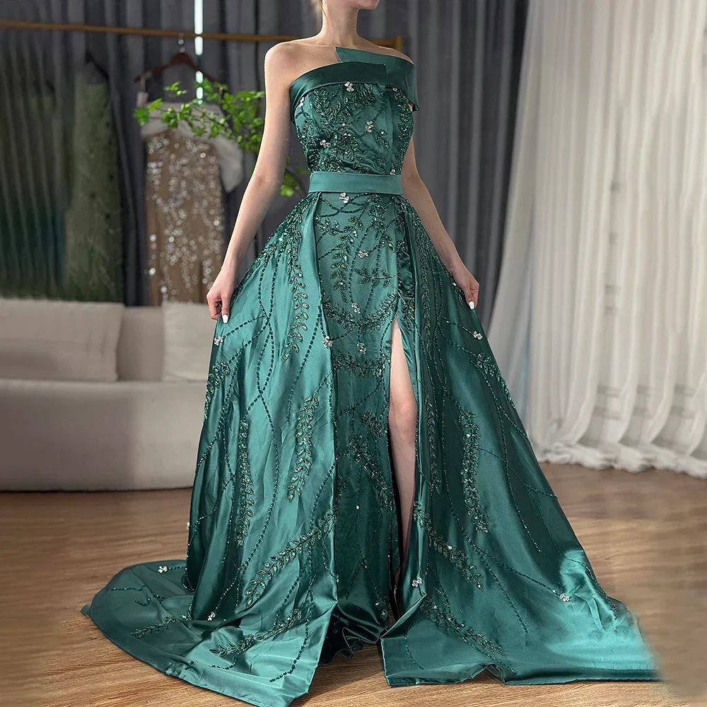 Vestido de noche verde árabe de satén con un solo hombro, bordado con cuentas, sobrefalda y abertura para ocasiones formales LA72178 