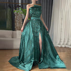 Vestido de noche verde árabe de satén con un solo hombro, bordado con cuentas, sobrefalda y abertura para ocasiones formales LA72178 