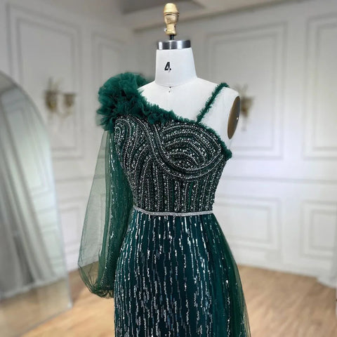 Vestido de noche elegante de sirena con un solo hombro y sobrefalda, color verde, con cuentas, ideal para bodas y fiestas (LA72408) 