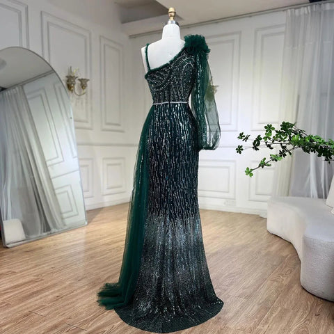 Vestido de noche elegante de sirena con un solo hombro y sobrefalda, color verde, con cuentas, ideal para bodas y fiestas (LA72408) 