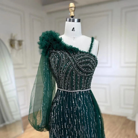 Vestido de noche elegante de sirena con un solo hombro y sobrefalda, color verde, con cuentas, ideal para bodas y fiestas (LA72408) 