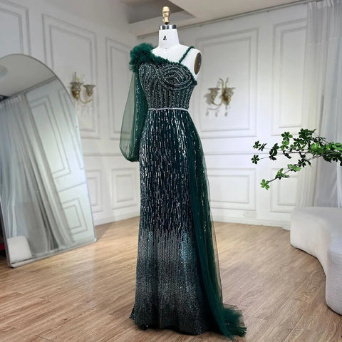 Vestido de noche elegante de sirena con un solo hombro y sobrefalda, color verde, con cuentas, ideal para bodas y fiestas (LA72408) 