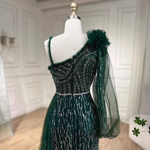 Vestido de noche elegante de sirena con un solo hombro y sobrefalda, color verde, con cuentas, ideal para bodas y fiestas (LA72408) 