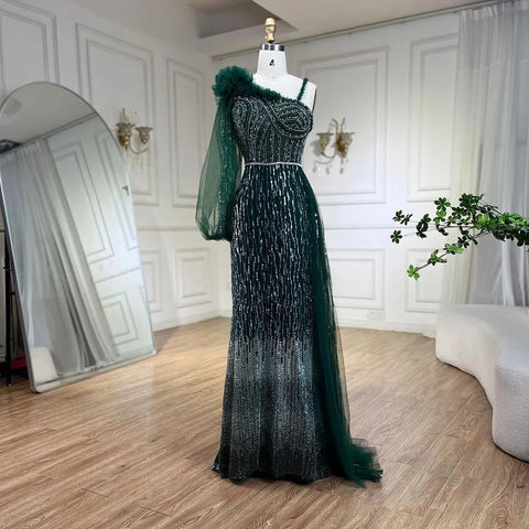 Vestido de noche elegante de sirena con un solo hombro y sobrefalda, color verde, con cuentas, ideal para bodas y fiestas (LA72408) 