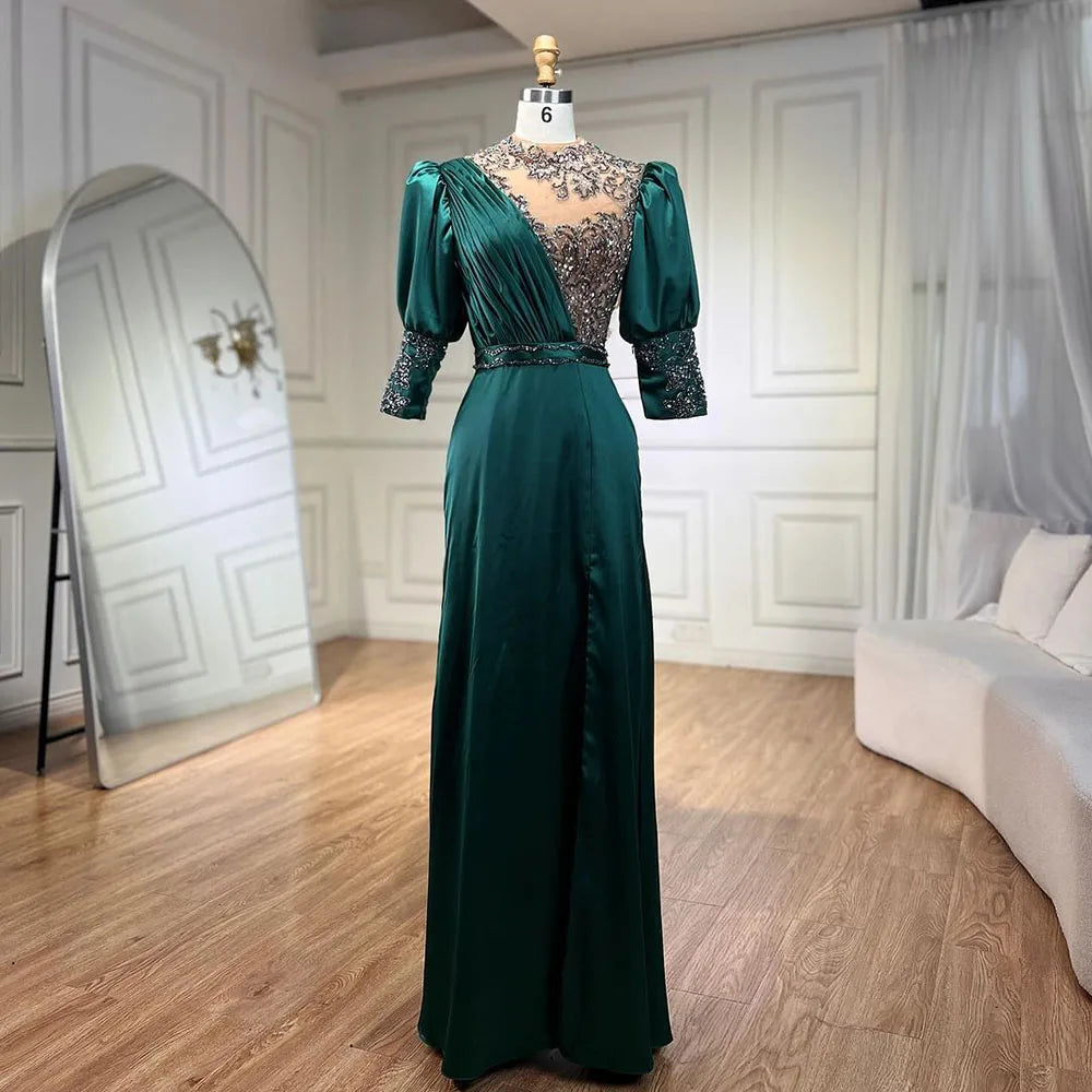 Vestido de noche sirena tres cuartos de satén verde 2025, elegante, con encaje y cuentas, para mujer, ideal para bodas y fiestas (LA71510A). 