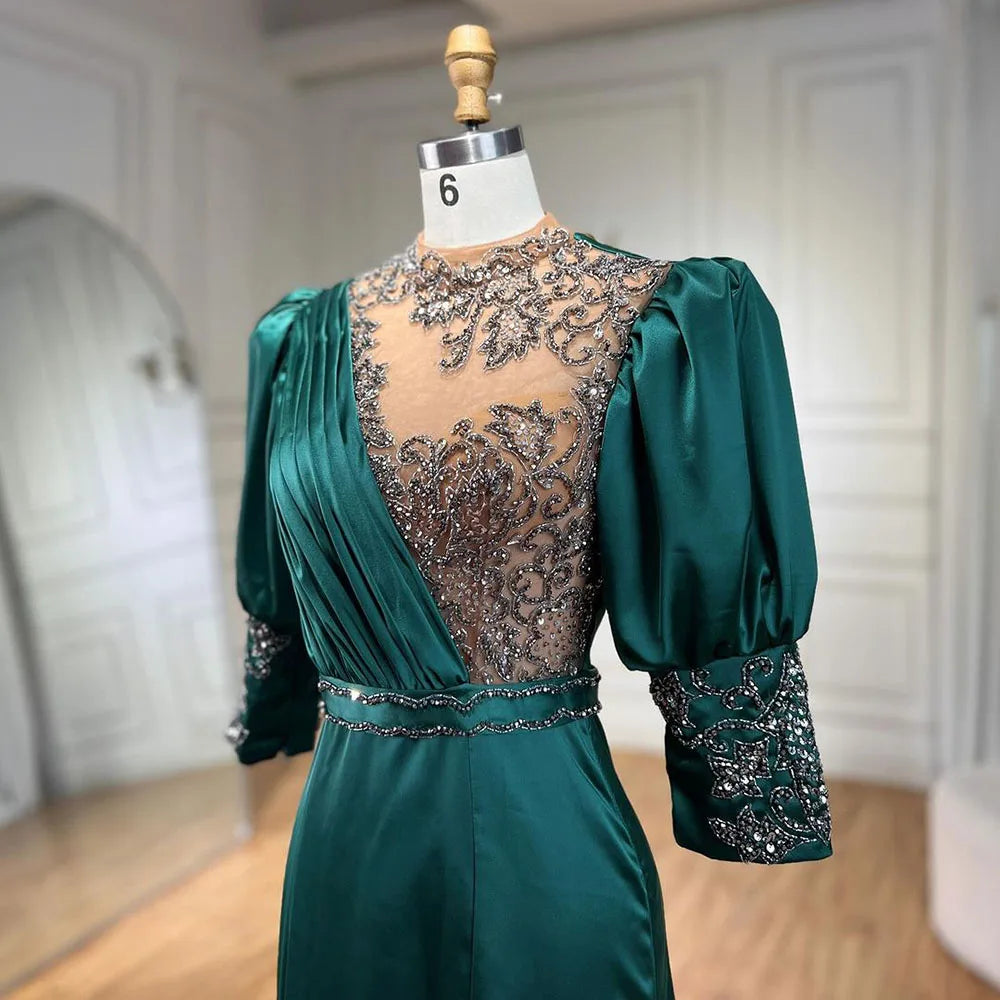 Vestido de noche sirena tres cuartos de satén verde 2025, elegante, con encaje y cuentas, para mujer, ideal para bodas y fiestas (LA71510A). 