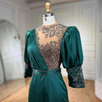Vestido de noche sirena tres cuartos de satén verde 2025, elegante, con encaje y cuentas, para mujer, ideal para bodas y fiestas (LA71510A). 