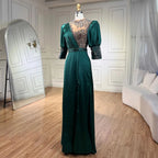 Vestido de noche sirena tres cuartos de satén verde 2025, elegante, con encaje y cuentas, para mujer, ideal para bodas y fiestas (LA71510A). 