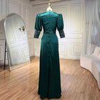 Vestido de noche sirena tres cuartos de satén verde 2025, elegante, con encaje y cuentas, para mujer, ideal para bodas y fiestas (LA71510A). 