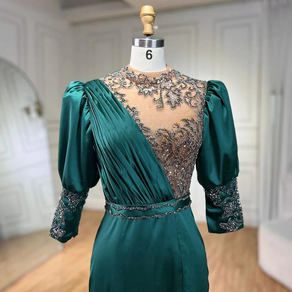 Vestido de noche sirena tres cuartos de satén verde 2025, elegante, con encaje y cuentas, para mujer, ideal para bodas y fiestas (LA71510A). 