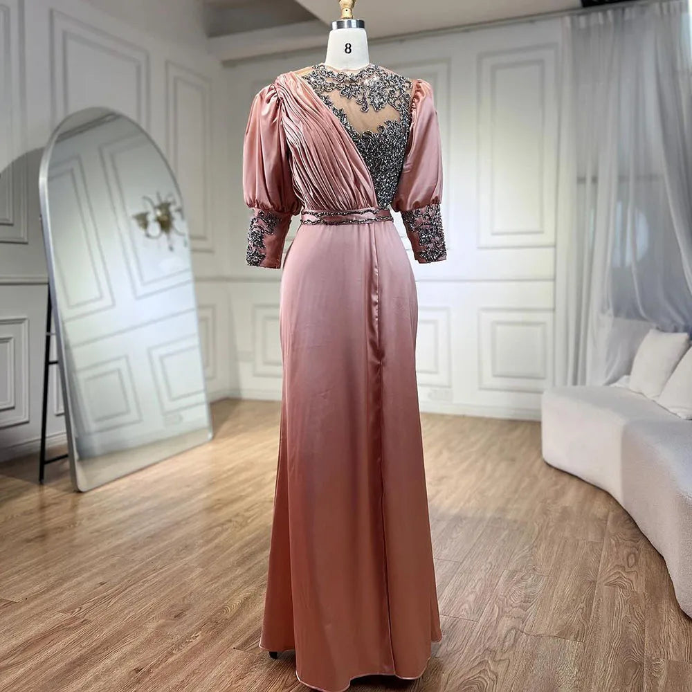 Vestido de noche sirena tres cuartos de satén verde 2025, elegante, con encaje y cuentas, para mujer, ideal para bodas y fiestas (LA71510A). 