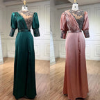 Vestido de noche sirena tres cuartos de satén verde 2025, elegante, con encaje y cuentas, para mujer, ideal para bodas y fiestas (LA71510A). 