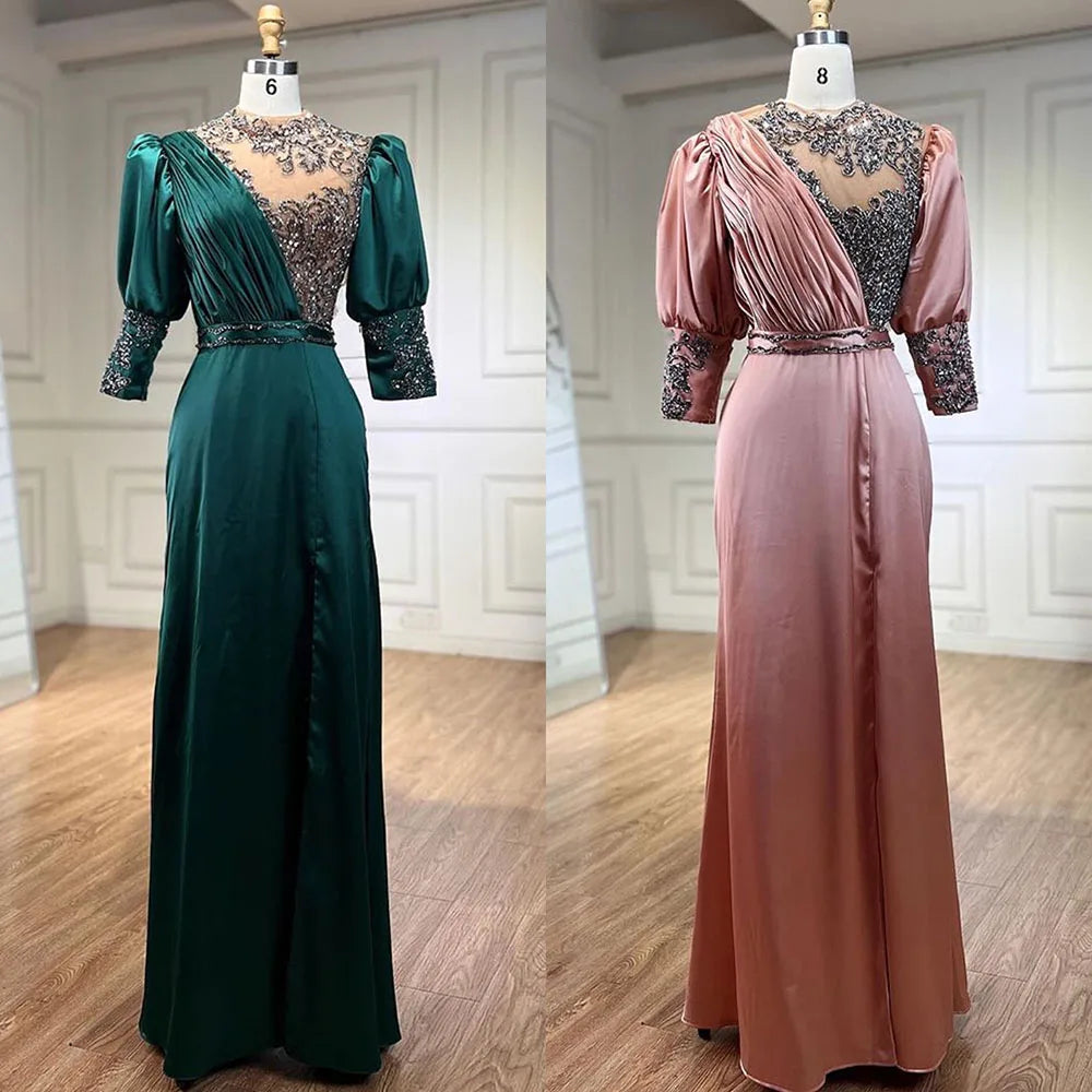 Vestido de noche sirena tres cuartos de satén verde 2025, elegante, con encaje y cuentas, para mujer, ideal para bodas y fiestas (LA71510A). 