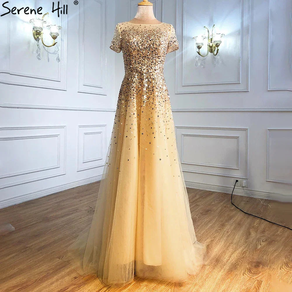 On Sale no return no refund 2025 Grey Luxury A Line Evening Dresses with Short Sleeves and Beaded Elegant Gowns for Women's Party LA70976