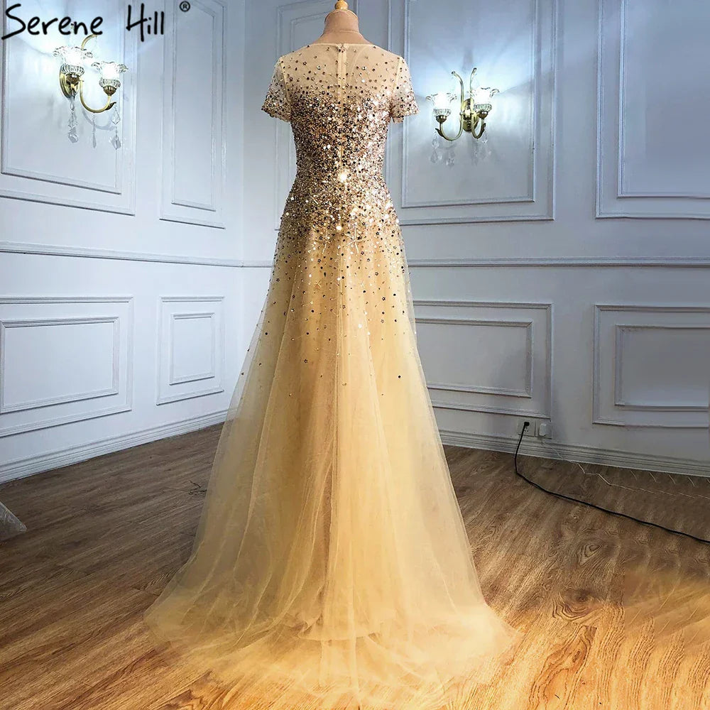 On Sale no return no refund 2025 Grey Luxury A Line Evening Dresses with Short Sleeves and Beaded Elegant Gowns for Women's Party LA70976