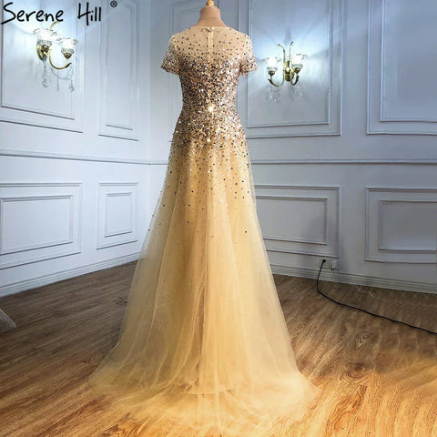 On Sale no return no refund 2025 Grey Luxury A Line Evening Dresses with Short Sleeves and Beaded Elegant Gowns for Women's Party LA70976