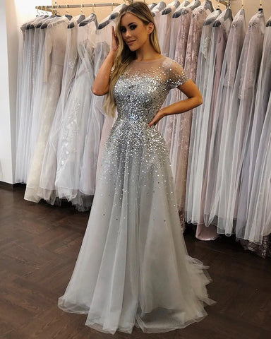 On Sale no return no refund 2025 Grey Luxury A Line Evening Dresses with Short Sleeves and Beaded Elegant Gowns for Women's Party LA70976
