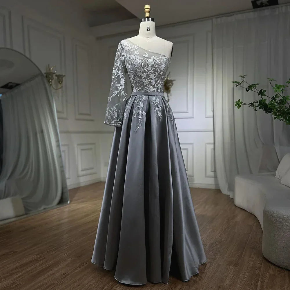Vestido de noche elegante gris satinado 2025, un hombro, flores hechas a mano, corte en A, vestido formal LA70043 
