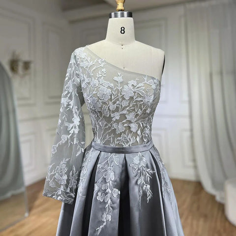 Vestido de noche elegante gris satinado 2025, un hombro, flores hechas a mano, corte en A, vestido formal LA70043 