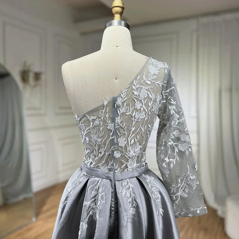 Vestido de noche elegante gris satinado 2025, un hombro, flores hechas a mano, corte en A, vestido formal LA70043 