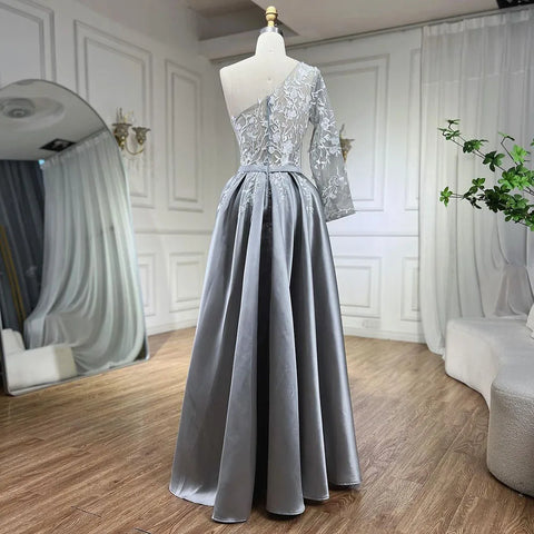 Vestido de noche elegante gris satinado 2025, un hombro, flores hechas a mano, corte en A, vestido formal LA70043 