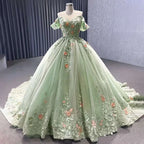 Vestido de novia elegante de cuello barco, color verde salvia, con apliques, estilo Dubai, de alta gama, confeccionado a medida para 2025 (HM222240B). 