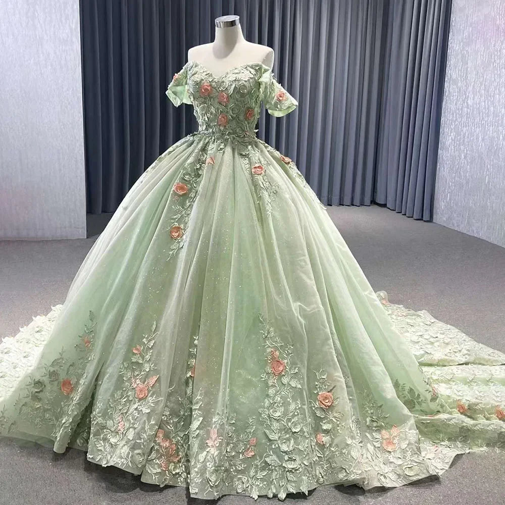 Vestido de novia elegante de cuello barco, color verde salvia, con apliques, estilo Dubai, de alta gama, confeccionado a medida para 2025 (HM222240B). 