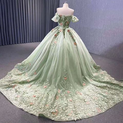 2025 High End Custom Dubai Sage Green Elegant Boat Neck Wedding Dress Appliques Bridal Gowns HM222240B