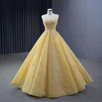 Vestido de novia de lujo personalizado de alta gama, amarillo, sin tirantes, con encaje y cuentas, modelo HM231017 