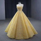 Vestido de novia de lujo personalizado de alta gama, amarillo, sin tirantes, con encaje y cuentas, modelo HM231017 